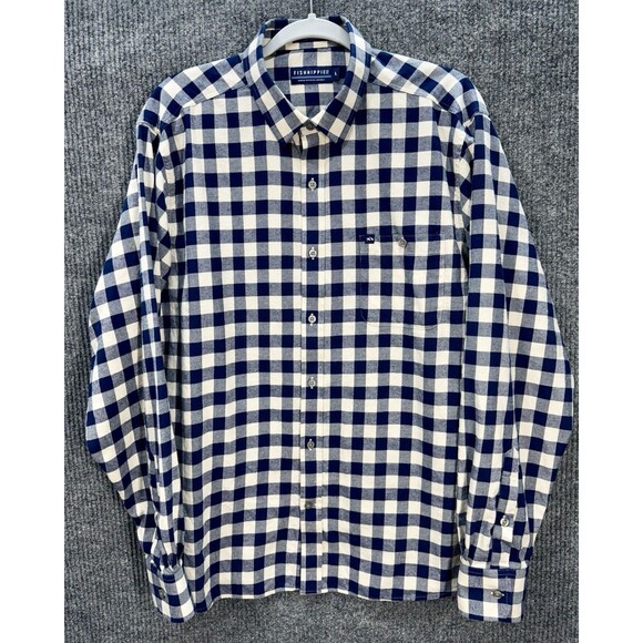 Fish Hippie Flannel Button Up Shirt Men’s Large Blue Cream Plaid Gingham L/S - Picture 1 of 8